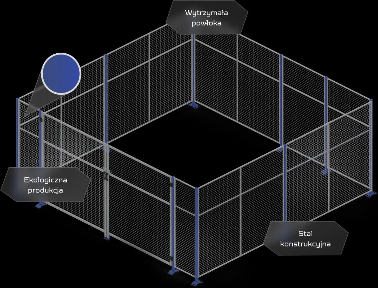 Wygrodzenia bezpieczeństwa FALCON w rzucie izometrycznym z opisem cech technicznych